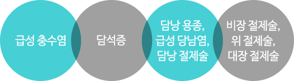 급성 충수염/담석증/담낭 용종, 급성 당남염, 담낭 절제술/비장 절제술,위 절제술,대장 절제술